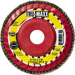 Tru-Maxx - 80 Grit, 4-1/2" Disc Diam, 5/8-11 Center Hole, Compact Ceramic Flap Disc - 13,300 Max RPM, Fiberglass Backing, Arbor Attaching System, Coated - Apex Tool & Supply