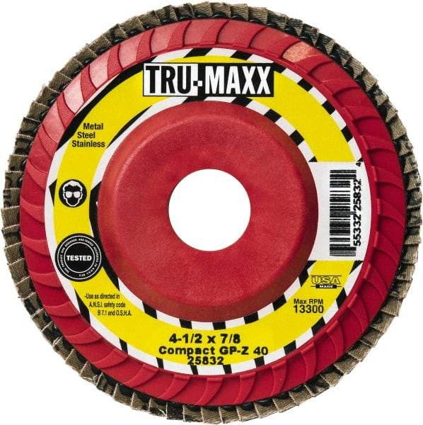 Tru-Maxx - 40 Grit, 4-1/2" Disc Diam, 7/8" Center Hole, Compact Ceramic Flap Disc - 13,300 Max RPM, Fiberglass Backing, Arbor Attaching System, Coated - Apex Tool & Supply