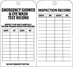 NMC - 3" High x 6" Long, EMERGENCY SHOWER & EYE WASH TEST RECORD, English Safety & Facility Inspection Tag - Tag Header: Notice, 2 Sides, Black & White Paper - Apex Tool & Supply