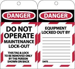 NMC - 3" High x 6" Long, DANGER - DO NOT OPERATE - MAINTENANCE LOCK OUT - THIS TAG & LOCK TO BE REMOVED ONLY BY THE PERSON SHOWN ON BACK, English Safety & Facility Lockout Tag - Tag Header: Danger, 2 Sides, Black, Red & White Synthetic Paper - Apex Tool & Supply