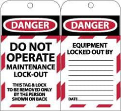 NMC - 3" High x 6" Long, DANGER - DO NOT OPERATE - MAINTENANCE LOCK OUT - THIS TAG & LOCK TO BE REMOVED ONLY BY THE PERSON SHOWN ON BACK, English Safety & Facility Lockout Tag - Tag Header: Danger, 2 Sides, Black, Red & White Synthetic Paper - Apex Tool & Supply