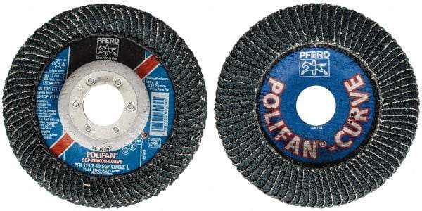 PFERD - 40 Grit, 4-1/2" Disc Diam, 7/8" Center Hole, Type 27 Zirconia Alumina Flap Disc - 13,300 Max RPM, Fiberglass Backing, Arbor Attaching System, Coated - Apex Tool & Supply