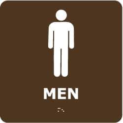 NMC - Men, 8" Wide x 8" High, Plastic Sign - English, Braille, White on Brown, Wall Mount - Apex Tool & Supply