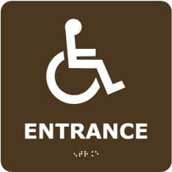 NMC - Entrance, 8" Wide x 8" High, Plastic Sign - English, Braille, White on Brown, Wall Mount - Apex Tool & Supply