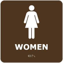 NMC - Women, 8" Wide x 8" High, Plastic Sign - English, Braille, White on Brown, Wall Mount - Apex Tool & Supply