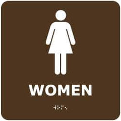 NMC - Women, 8" Wide x 8" High, Plastic Sign - English, Braille, White on Brown, Wall Mount - Apex Tool & Supply