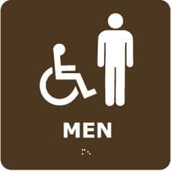 NMC - Men, 8" Wide x 8" High, Plastic Sign - English, Braille, White on Brown, Wall Mount - Apex Tool & Supply