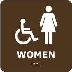 NMC - Women, 8" Wide x 8" High, Plastic Sign - English, Braille, White on Brown, Wall Mount - Apex Tool & Supply