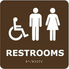 NMC - Restrooms, 8" Wide x 8" High, Plastic Sign - English, Braille, White on Brown, Wall Mount - Apex Tool & Supply