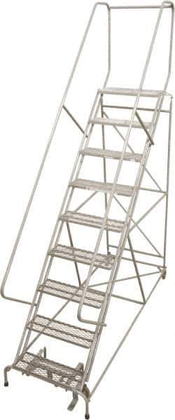Cotterman - 99" 9 Step Rolling Warehouse Ladder - 50° Incline, 450 Lb Capacity, 90" Platform Height, 32" Base Width x 120" Base Depth, Perforated Tread - Apex Tool & Supply