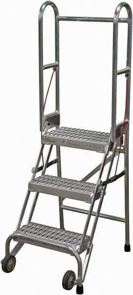 Cotterman - 60" 3 Step Rolling Warehouse Ladder - Portable Folding Safety Ladder, 350 Lb Capacity, 30" Platform Height, 21" Base Width x 28" Base Depth, Serrated - Apex Tool & Supply