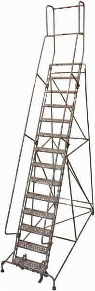 Cotterman - 182" 14 Step Rolling Warehouse Ladder - 50° Incline, 450 Lb Capacity, 140" Platform Height, 44" Base Width x 134" Base Depth, Perforated Tread - Apex Tool & Supply