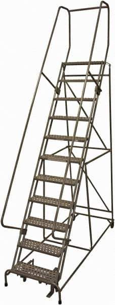 Cotterman - 140" 11 Step Rolling Warehouse Ladder - 50° Incline, 450 Lb Capacity, 110" Platform Height, 34" Base Width x 106" Base Depth, Perforated Tread - Apex Tool & Supply