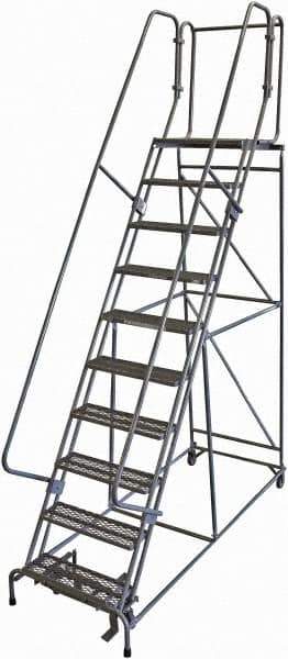 Cotterman - 130" 10 Step Rolling Warehouse Ladder - 50° Incline, 450 Lb Capacity, 100" Platform Height, 34" Base Width x 97" Base Depth, Perforated Tread - Apex Tool & Supply