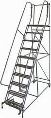 Cotterman - 130" 10 Step Rolling Warehouse Ladder - 50° Incline, 450 Lb Capacity, 100" Platform Height, 34" Base Width x 97" Base Depth, Perforated Tread - Apex Tool & Supply