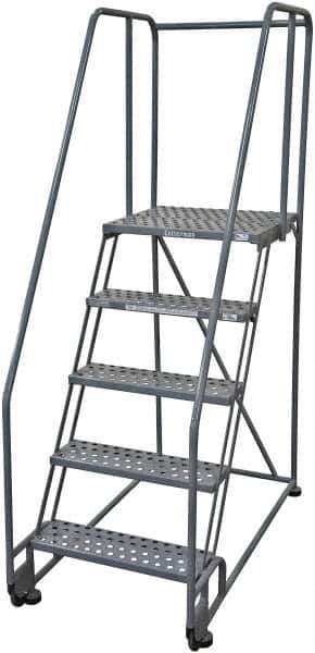 Cotterman - 80" 5 Step Rolling Warehouse Ladder - Tilt & Roll Safety Ladder, 450 Lb Capacity, 50" Platform Height, 28" Base Width x 53" Base Depth, Perforated Tread - Apex Tool & Supply