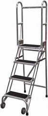 Cotterman - 70" 4 Step Rolling Warehouse Ladder - Portable Folding Safety Ladder, 350 Lb Capacity, 40" Platform Height, 21" Base Width x 36" Base Depth, Rubber Matted - Apex Tool & Supply