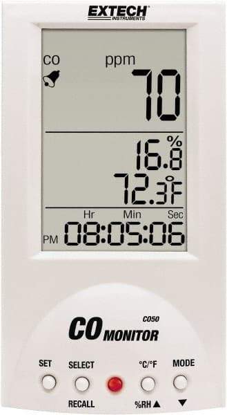Extech - Audible Alarm, LCD Display, Carbon Monoxide (CO) Meter - Monitors Carbon Monoxide, -10 to 60°C Working Temp, CE Listed - Apex Tool & Supply