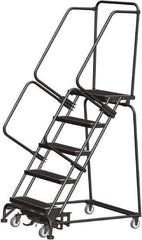 Ballymore - 83" 5 Step Rolling Warehouse Ladder - Lock Step Rolling Safety Ladder, 450 Lb Capacity, 50" Platform Height, 32" Base Width x 43" Base Depth, Perforated Tread - Apex Tool & Supply