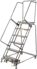 Ballymore - 93" 6 Step Rolling Warehouse Ladder - Lock Step Rolling Safety Ladder, 450 Lb Capacity, 60" Platform Height, 32" Base Width x 49" Base Depth, Perforated Tread - Apex Tool & Supply