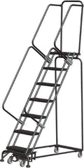 Ballymore - 103" 7 Step Rolling Warehouse Ladder - Lock Step Rolling Safety Ladder, 450 Lb Capacity, 70" Platform Height, 24" Base Width x 55" Base Depth, Perforated Tread - Apex Tool & Supply