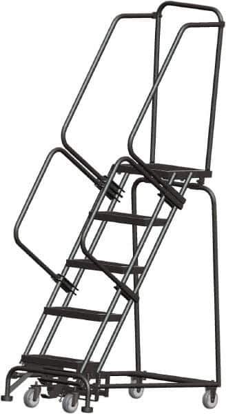 Ballymore - 83" 5 Step Rolling Warehouse Ladder - Lock Step Rolling Safety Ladder, 450 Lb Capacity, 50" Platform Height, 24" Base Width x 43" Base Depth, Perforated Tread - Apex Tool & Supply