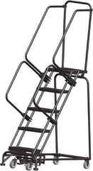 Ballymore - 83" 5 Step Rolling Warehouse Ladder - Lock Step Rolling Safety Ladder, 450 Lb Capacity, 50" Platform Height, 24" Base Width x 43" Base Depth, Perforated Tread - Apex Tool & Supply