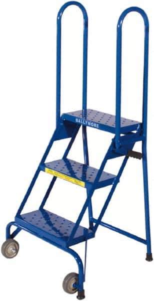 Ballymore - 51" 3 Step Rolling Warehouse Ladder - Lock-N-Stock, 300 Lb Capacity, 28-1/2" Platform Height, 24" Base Width x 23" Base Depth, Perforated Tread - Apex Tool & Supply