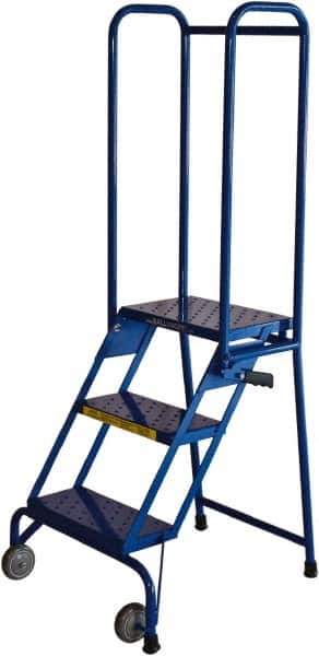 Ballymore - 59" 3 Step Rolling Warehouse Ladder - Lock-N-Stock, 300 Lb Capacity, 28-1/2" Platform Height, 24" Base Width x 26" Base Depth, Perforated Tread - Apex Tool & Supply