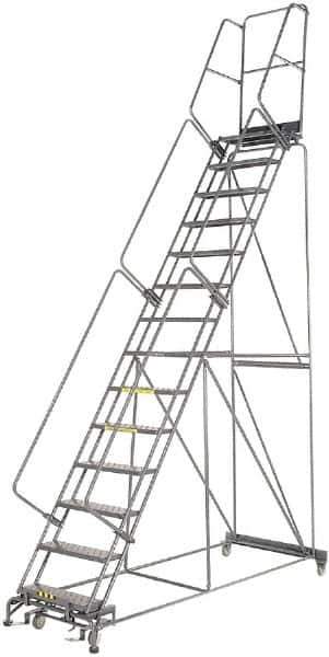 Ballymore - 195" 15 Step Rolling Warehouse Ladder - Lock Step Rolling Safety Ladder, 450 Lb Capacity, 150" Platform Height, 40" Base Width x 106" Base Depth, Perforated Tread - Apex Tool & Supply