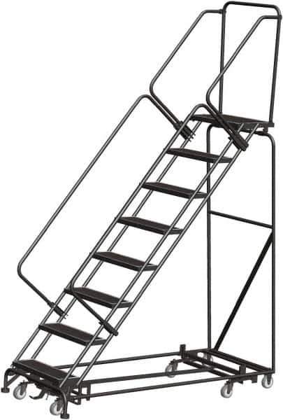 Ballymore - 113" 8 Step Rolling Warehouse Ladder - Lock Step Rolling Safety Ladder, 450 Lb Capacity, 80" Platform Height, 24" Base Width x 74" Base Depth, Perforated Tread - Apex Tool & Supply