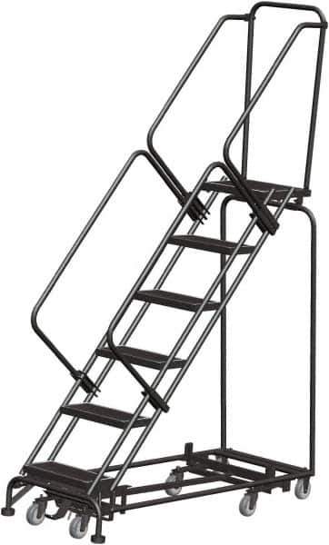 Ballymore - 93" 6 Step Rolling Warehouse Ladder - Lock Step Rolling Safety Ladder, 450 Lb Capacity, 60" Platform Height, 24" Base Width x 58" Base Depth, Perforated Tread - Apex Tool & Supply