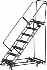 Ballymore - 103" 7 Step Rolling Warehouse Ladder - Lock Step Rolling Safety Ladder, 450 Lb Capacity, 70" Platform Height, 24" Base Width x 66" Base Depth, Perforated Tread - Apex Tool & Supply