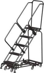 Ballymore - 83" 5 Step Rolling Warehouse Ladder - Lock Step Rolling Safety Ladder, 450 Lb Capacity, 50" Platform Height, 24" Base Width x 50" Base Depth, Perforated Tread - Apex Tool & Supply