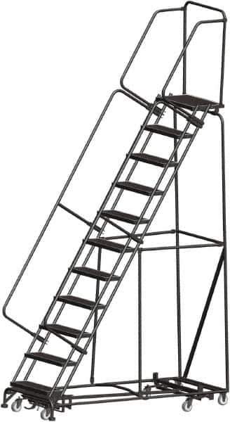 Ballymore - 143" 11 Step Rolling Warehouse Ladder - Lock Step Rolling Safety Ladder, 450 Lb Capacity, 110" Platform Height, 32" Base Width x 80" Base Depth, Perforated Tread - Apex Tool & Supply