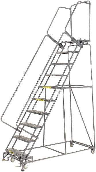 Ballymore - 133" 10 Step Rolling Warehouse Ladder - Lock Step Rolling Safety Ladder, 450 Lb Capacity, 100" Platform Height, 32" Base Width x 74" Base Depth, Perforated Tread - Apex Tool & Supply