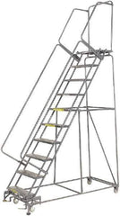 Ballymore - 133" 10 Step Rolling Warehouse Ladder - Lock Step Rolling Safety Ladder, 450 Lb Capacity, 100" Platform Height, 32" Base Width x 74" Base Depth, Perforated Tread - Apex Tool & Supply