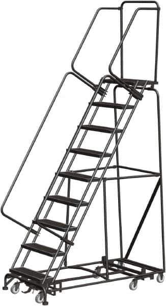 Ballymore - 123" 9 Step Rolling Warehouse Ladder - Lock Step Rolling Safety Ladder, 450 Lb Capacity, 90" Platform Height, 32" Base Width x 68" Base Depth, Perforated Tread - Apex Tool & Supply