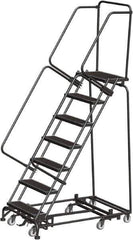 Ballymore - 103" 7 Step Rolling Warehouse Ladder - Lock Step Rolling Safety Ladder, 450 Lb Capacity, 70" Platform Height, 32" Base Width x 55" Base Depth, Perforated Tread - Apex Tool & Supply