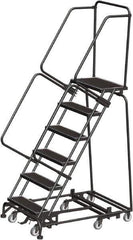 Ballymore - 93" 6 Step Rolling Warehouse Ladder - Lock Step Rolling Safety Ladder, 450 Lb Capacity, 60" Platform Height, 32" Base Width x 49" Base Depth, Perforated Tread - Apex Tool & Supply