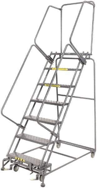 Ballymore - 103" 7 Step Rolling Warehouse Ladder - Lock Step Rolling Safety Ladder, 450 Lb Capacity, 70" Platform Height, 32" Base Width x 55" Base Depth, Perforated Tread - Apex Tool & Supply