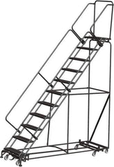 Ballymore - 143" 11 Step Rolling Warehouse Ladder - Lock Step Rolling Safety Ladder, 450 Lb Capacity, 110" Platform Height, 32" Base Width x 98" Base Depth, Perforated Tread - Apex Tool & Supply