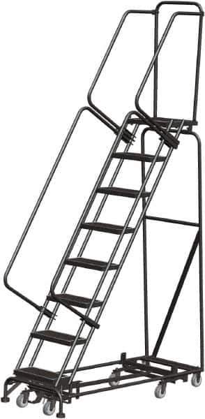 Ballymore - 113" 8 Step Rolling Warehouse Ladder - Lock Step Rolling Safety Ladder, 450 Lb Capacity, 80" Platform Height, 24" Base Width x 61" Base Depth, Perforated Tread - Apex Tool & Supply