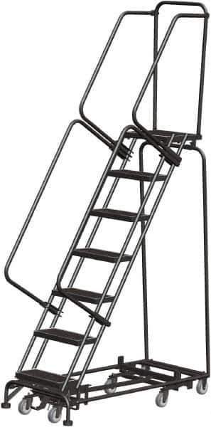 Ballymore - 103" 7 Step Rolling Warehouse Ladder - Lock Step Rolling Safety Ladder, 450 Lb Capacity, 70" Platform Height, 24" Base Width x 55" Base Depth, Perforated Tread - Apex Tool & Supply
