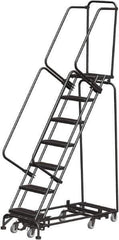 Ballymore - 103" 7 Step Rolling Warehouse Ladder - Lock Step Rolling Safety Ladder, 450 Lb Capacity, 70" Platform Height, 24" Base Width x 55" Base Depth, Perforated Tread - Apex Tool & Supply