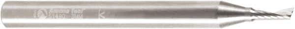 Amana Tool - 3mm Cutting Diam x 0.314" Length of Cut, 1 Flute, Upcut Spiral Router Bit - Uncoated, Right Hand Cut, Solid Carbide, 2-31/64" OAL x 1/4" Shank Diam, 20° Helix Angle - Apex Tool & Supply