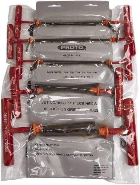 Proto - 11 Piece T-Handle Cushion Grip Tethered Hex Key Set - Hex Range 5/64 to 3/8" - Apex Tool & Supply