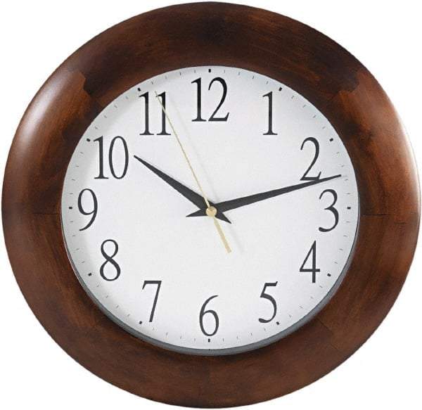 Hon - 9" Diam, White Face, Dial Wall Clock - Analog Display, Cherry Case, Runs on AA Battery - Apex Tool & Supply