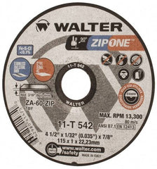 WALTER Surface Technologies - 4-1/2" Aluminum Oxide/Silicon Carbide Blend Cutoff Wheel - 1/32" Thick, 7/8" Arbor, 13,300 Max RPM, Use with Angle Grinders - Apex Tool & Supply