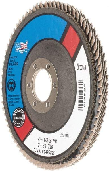 Camel Grinding Wheels - 60 Grit, 4-1/2" Disc Diam, 7/8" Center Hole, Type 29 Zirconia Alumina Flap Disc - Poly Cotton Backing, Arbor Attaching System, Coated - Apex Tool & Supply